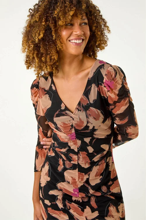 Roman Beige Ruched Floral Frill Dress - Size 12 Image 4