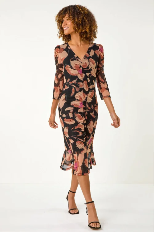 Roman Beige Ruched Floral Frill Dress - Size 12 Image 2