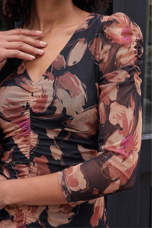 Roman Beige Ruched Floral Frill Dress - 16 Image 4