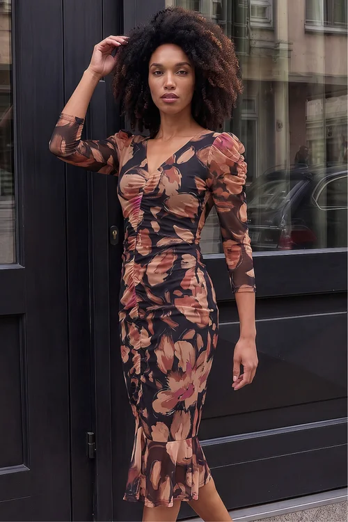 Roman Beige Ruched Floral Frill Dress - 16 Image 2