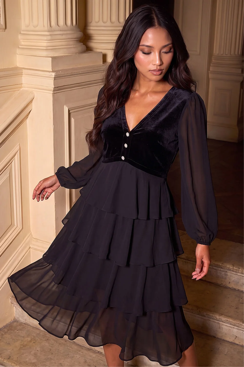 Roman Black Petite Velvet Tiered Midi Stretch Dress - 10 Image 1