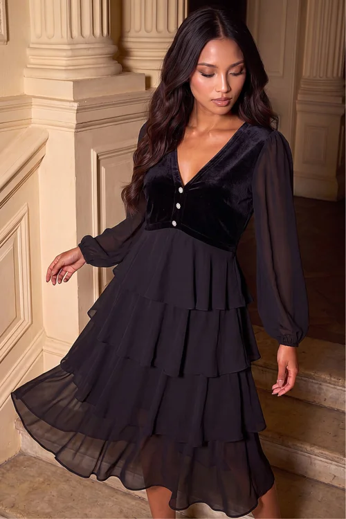 Roman Black Petite Velvet Tiered Midi Stretch Dress - 10 Image 1