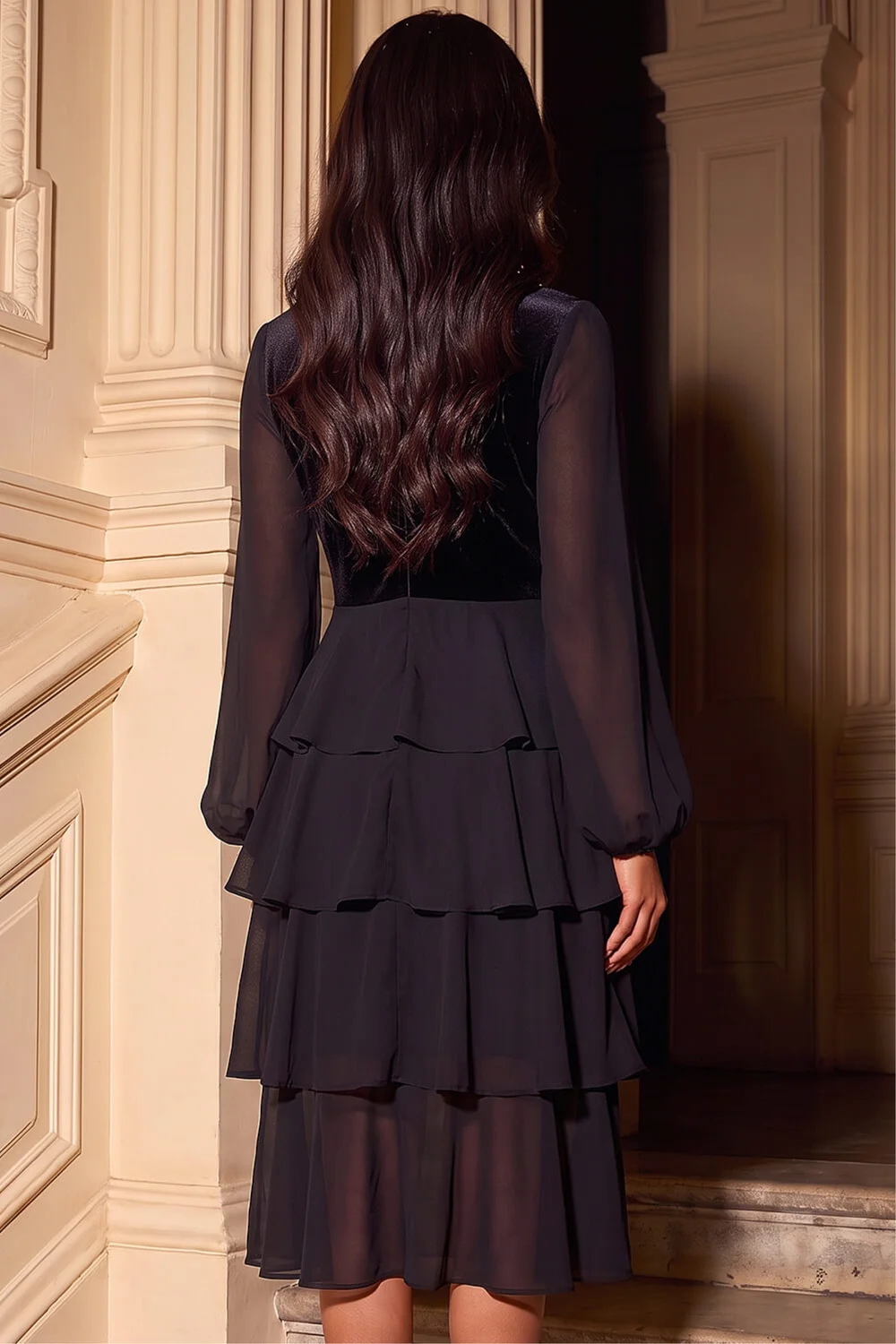 Roman Black Petite Velvet Tiered Midi Stretch Dress - 10 Image 4