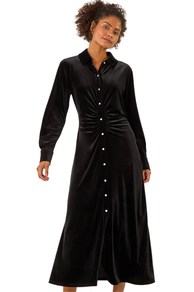 Dusk Black Velvet Button Midi Shirt Dress