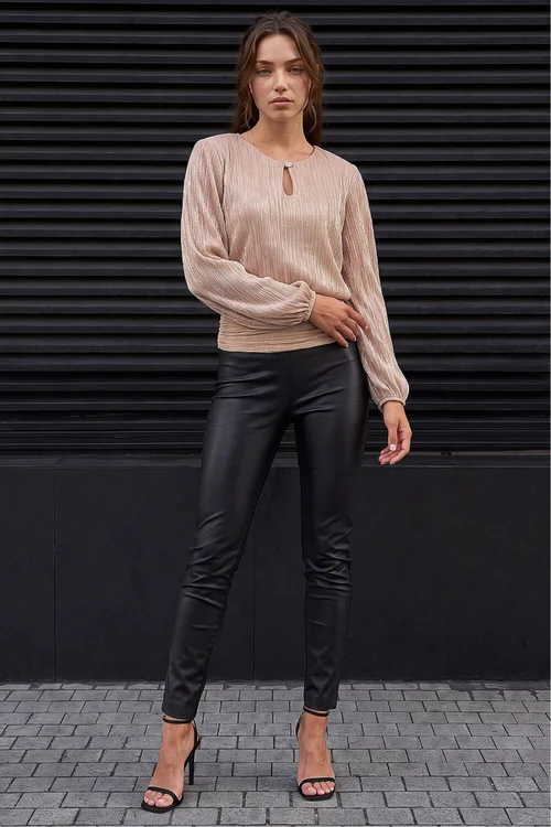 Roman Light Pink Petite Crinkle Keyhole Shimmer Top - 10 Image 3