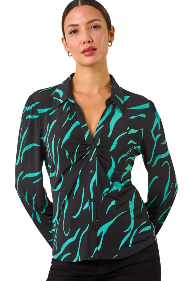 Roman Teal Abstract Linear Print Stretch Blouse