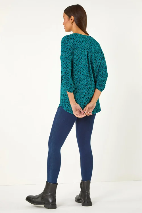 Roman Teal Leaf Print Button Detail Shirt - Size 12 Image 3