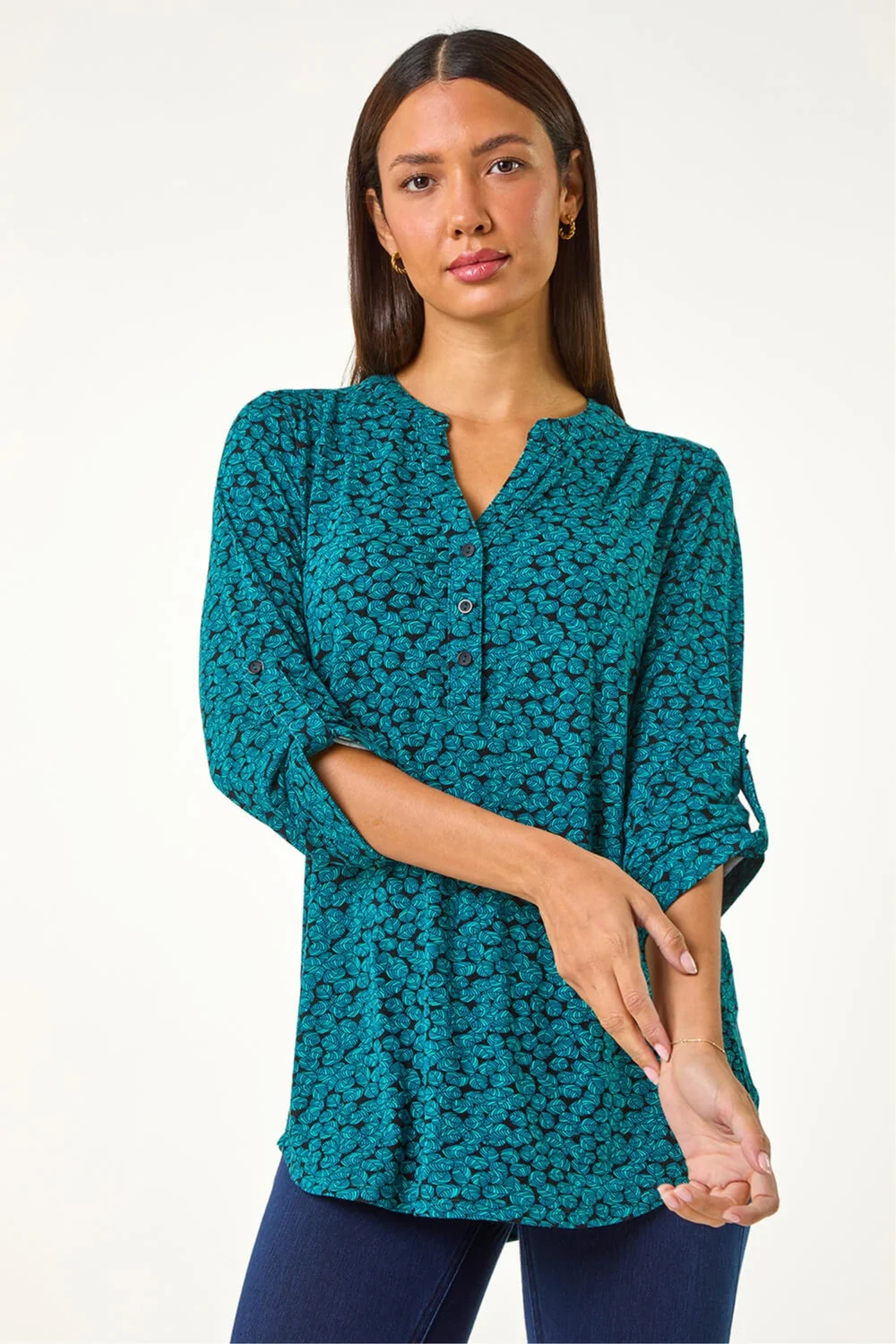 Roman Teal Leaf Print Button Detail Shirt - Size 12 Image 2