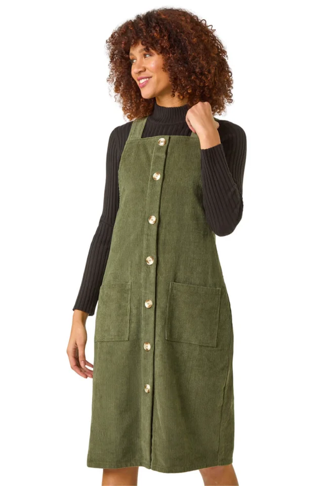 Roman Khaki Corduroy Pinafore Midi Dress