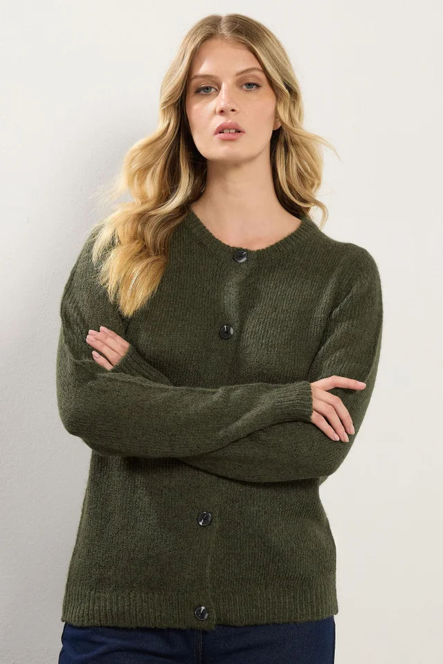 Long Tall Sally Khaki Green Knitted Button Cardigan