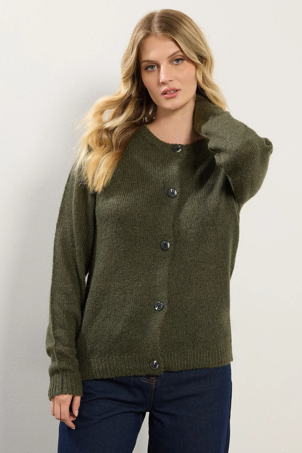 Long Tall Sally Khaki Green Knitted Button Cardigan - Size 18-20 Image 2
