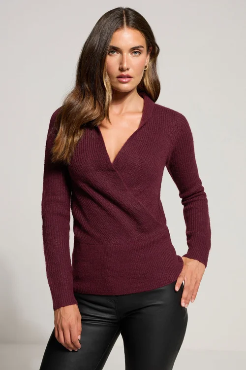 Long Tall Sally Burgundy Red Knitted Wrap Jumper - Size 22-24 Image 1
