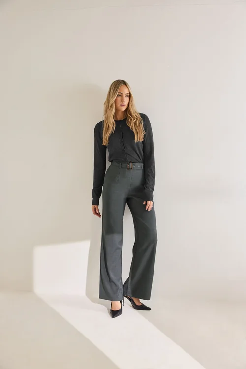 Long Tall Sally Charcoal Grey Buckle Belt Wide Leg Trousers - 18/L34 Image 1