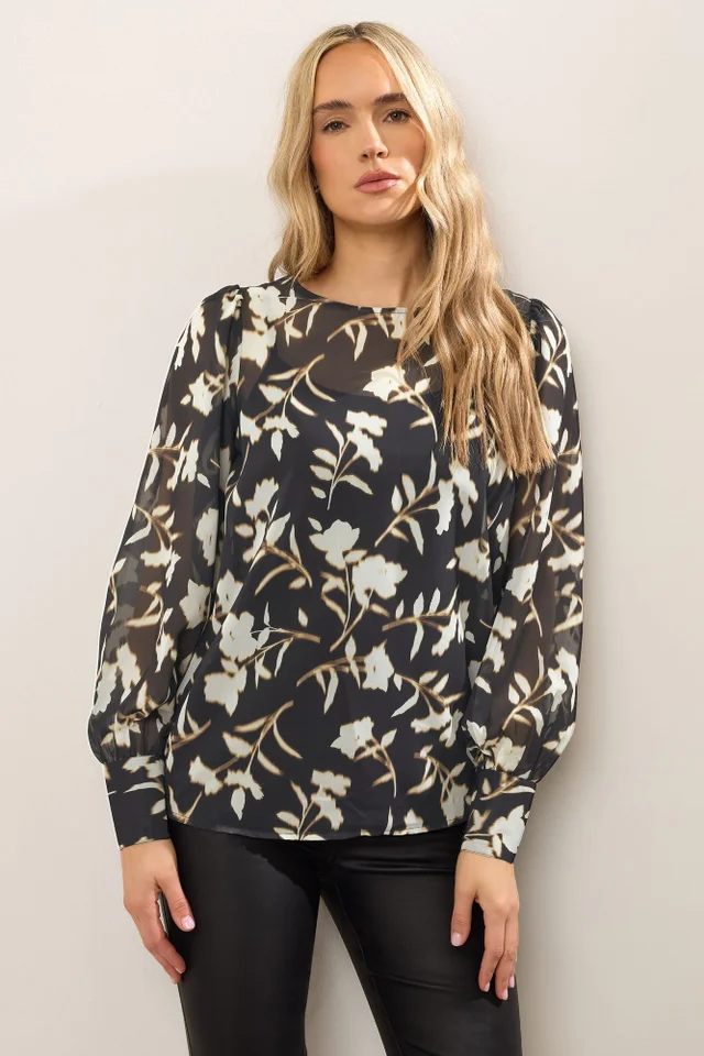 Long Tall Sally Black Blurred Floral Sheer Blouse