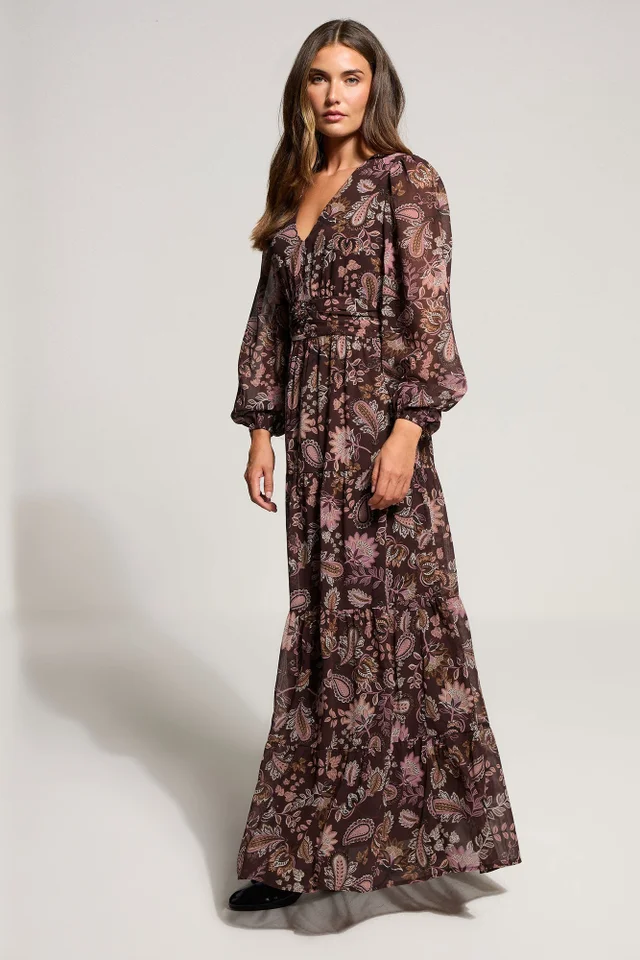 Long Tall Sally Chocolate Brown Paisley Chiffon Tiered Dress