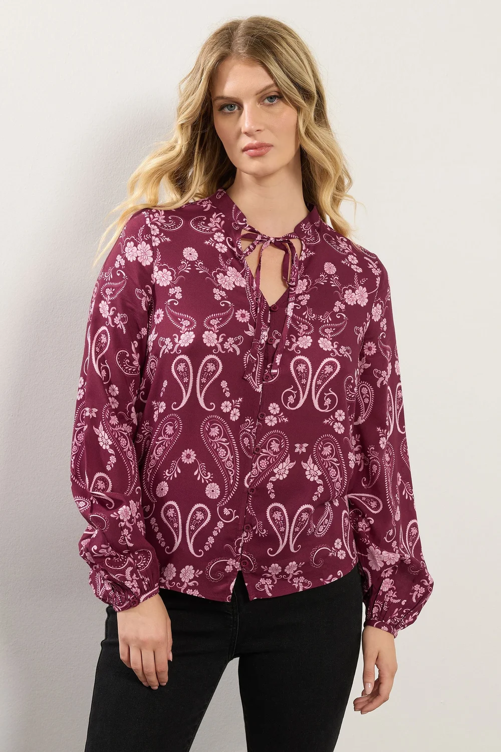Long Tall Sally Dark Pink Paisley Button Tie Blouse - Size 16 Clothing Image 1