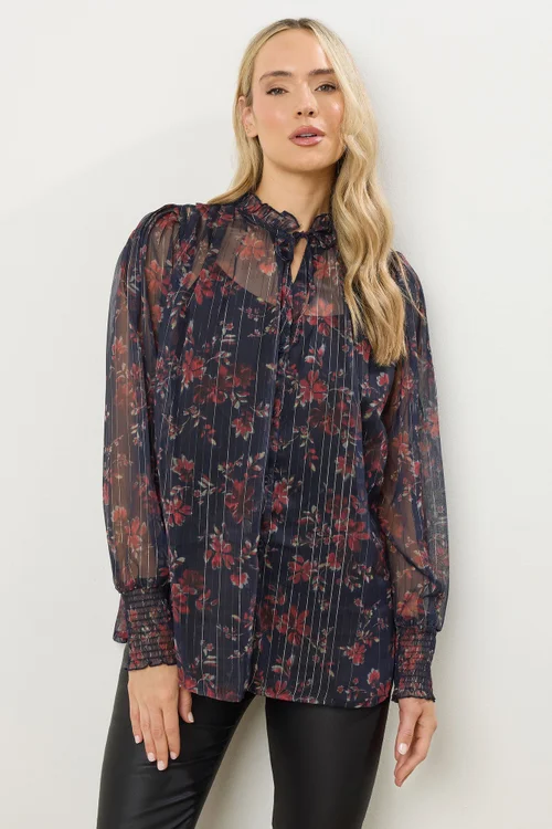 Long Tall Sally Navy Blue Floral Print Frill Neck Blouse - Size 8 Image 1
