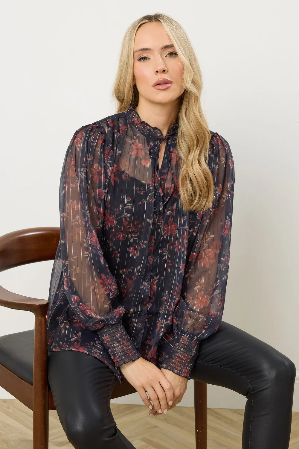 Long Tall Sally Navy Blue Floral Print Frill Neck Blouse - Size 8 Image 2