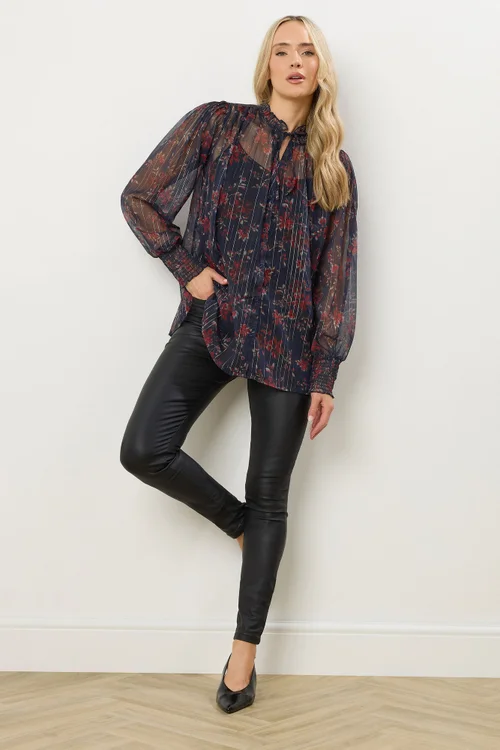 Long Tall Sally Navy Blue Floral Print Frill Neck Blouse - Size 8 Image 3