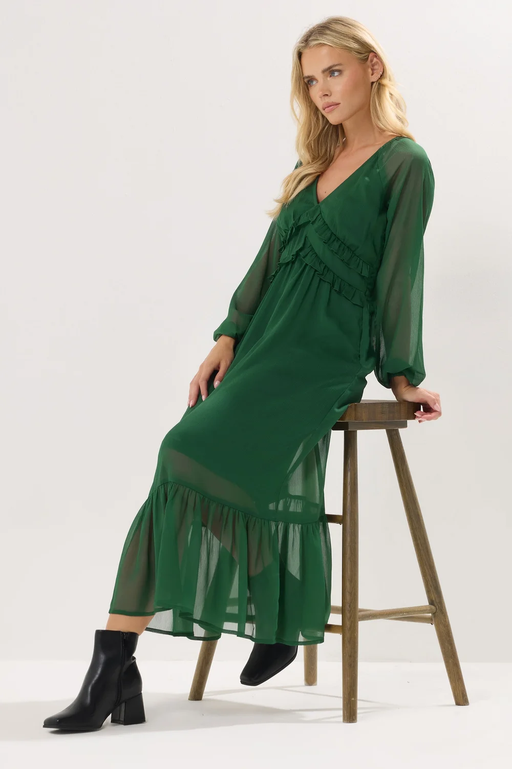 PixieGirl Petite Green Chiffon Frill Midaxi Dress - 12 Image 2