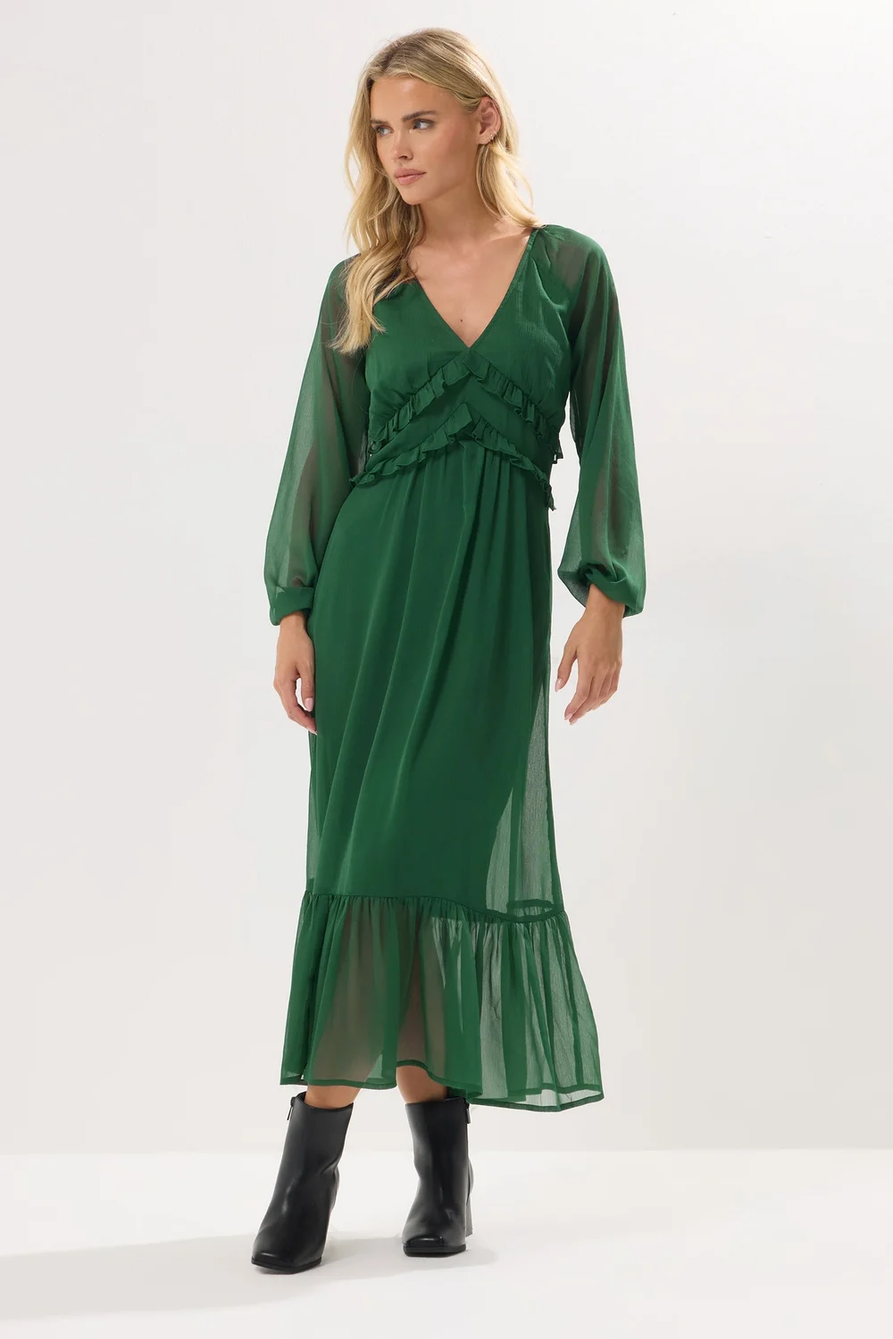 PixieGirl Petite Green Chiffon Frill Midaxi Dress - 12 Image 1