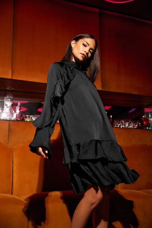 PixieGirl Petite Black Hammered Satin Frill Smock Dress - 10 Image 1