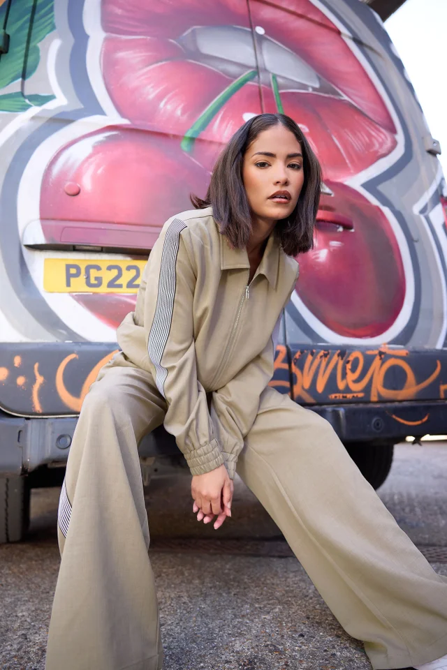 PixieGirl Petite Beige Brown Striped Collar Bomber Jacket