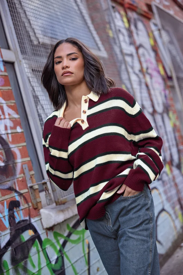 PixieGirl Petite Burgundy Red Stripe Rugby Jumper