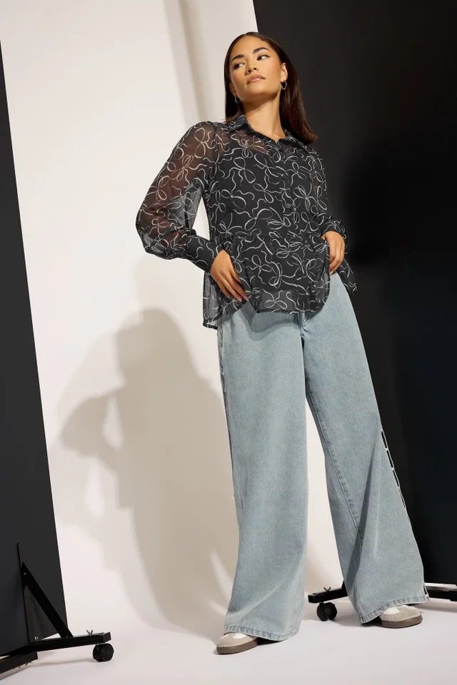 PixieGirl Petite Black Bow Peplum Chiffon Blouse