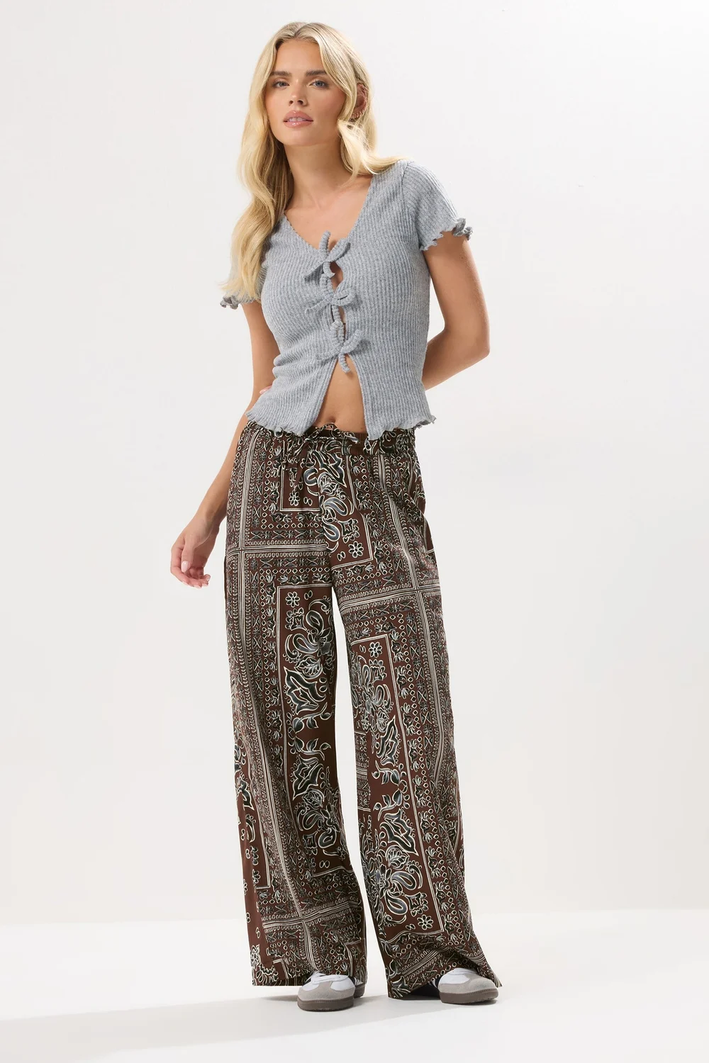 PixieGirl Petite Brown Paisley Tie Waist Trousers - 8 Image 1