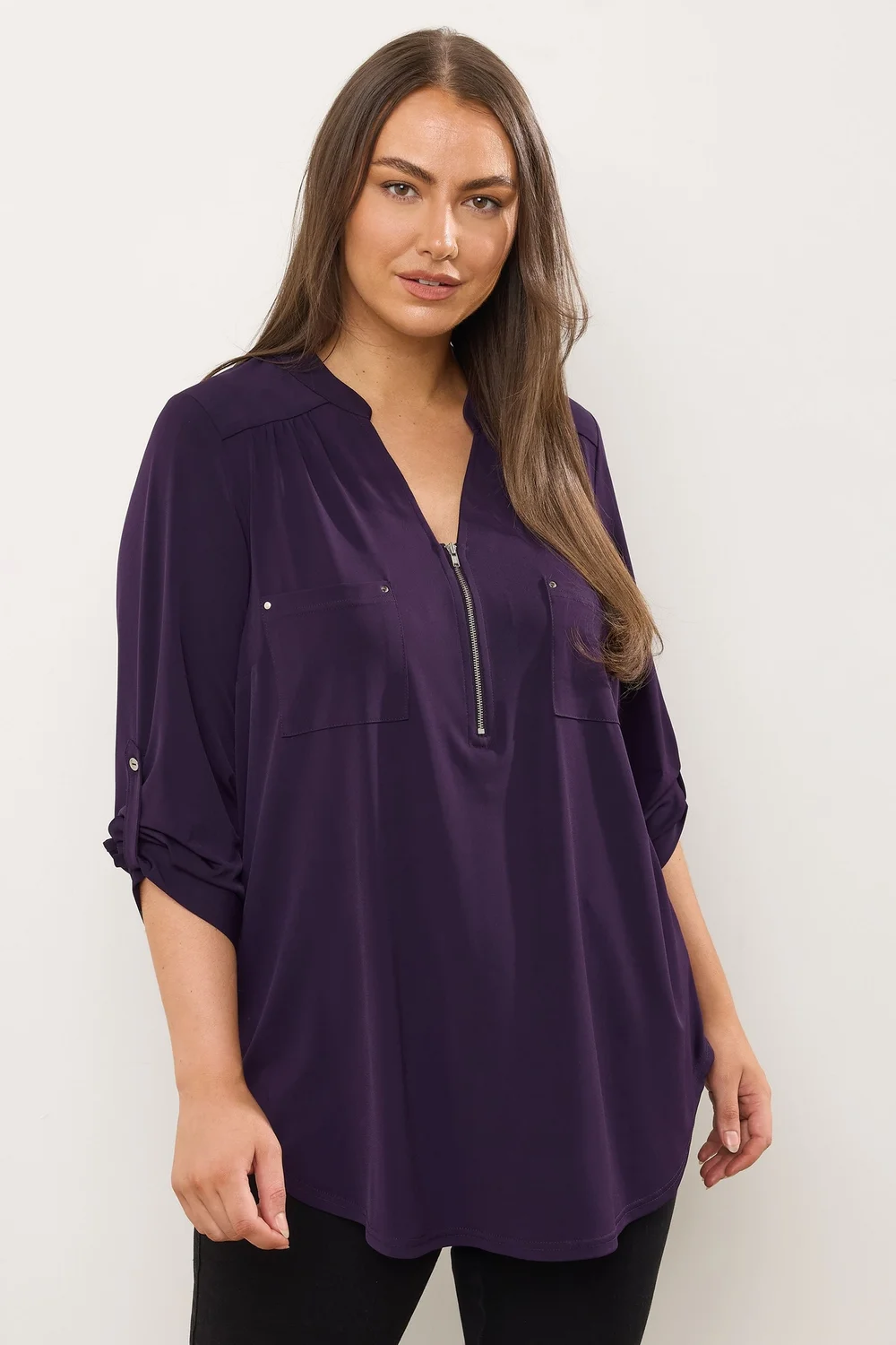 Evans Curve Plum Purple Zip Front Jersey Blouse - Size 22-24 Image 1