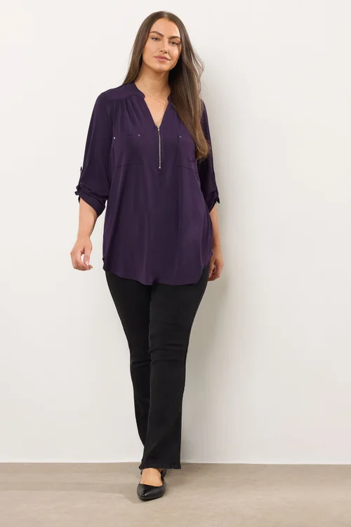 Evans Curve Plum Purple Zip Front Jersey Blouse - Size 22-24 Image 2