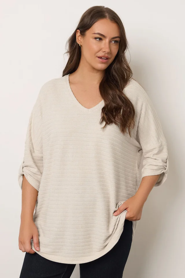 Evans Curve Cream Tab Sleeve Ribbed Jumper