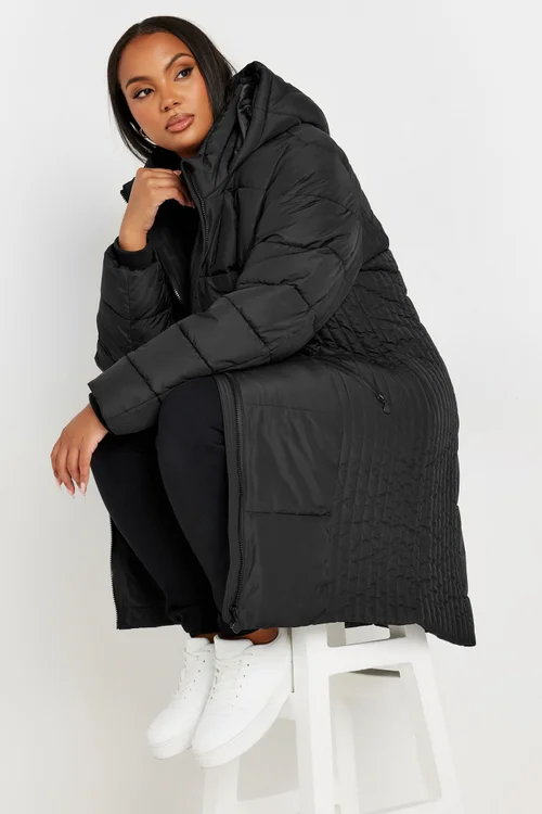 Yours Curve Black Midi Padded Coat - 22-24 Image 3
