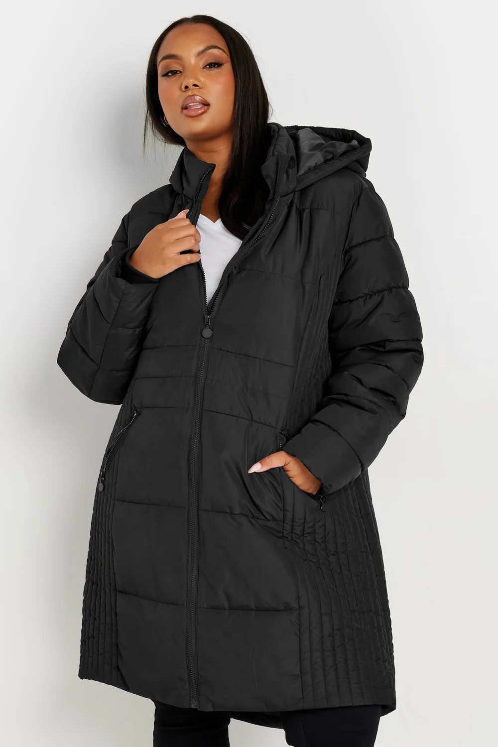 Yours Curve Black Midi Padded Coat - 22-24 Image 1