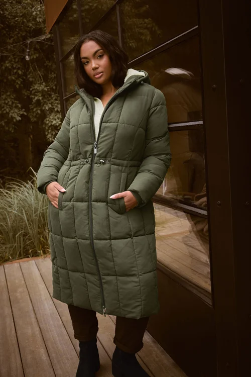 Yours Curve Khaki Green Padded Midi Puffer Coat - 18 Image 1
