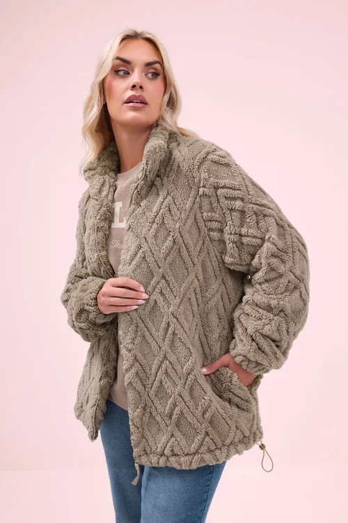 Yours Curve Brown Textured Fleece Jacket - 20 Image 1