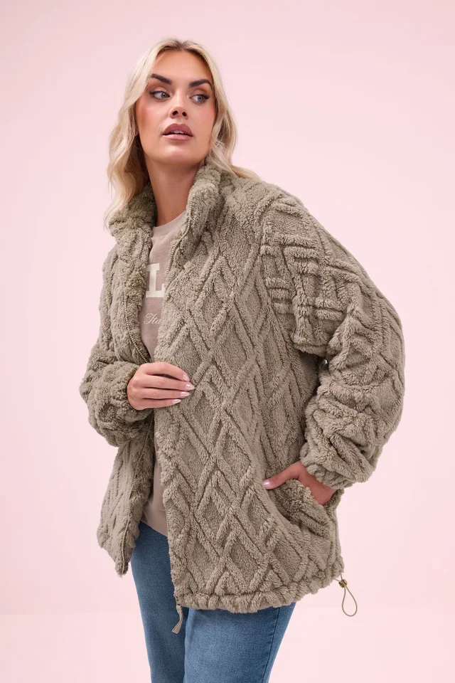 Yours Curve Brown Textured Fleece Jacket
