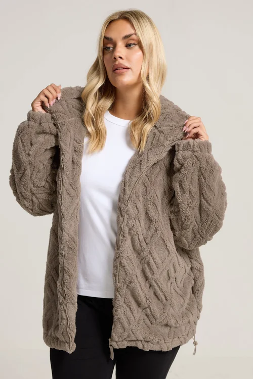 Yours Curve Brown Textured Fleece Jacket - 20 Image 2