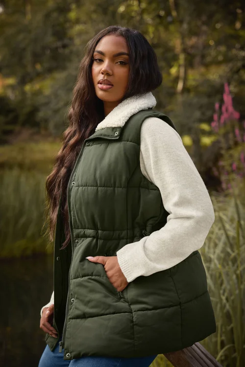 Yours Curve Khaki Green Padded Gilet - 26-28 Image 2