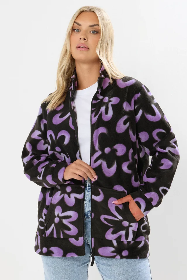 Yours Curve Black Floral Zip Through Fleece Jacket