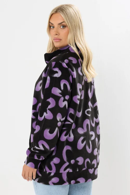Yours Curve Black Floral Zip Through Fleece Jacket - 26-28 Image 3