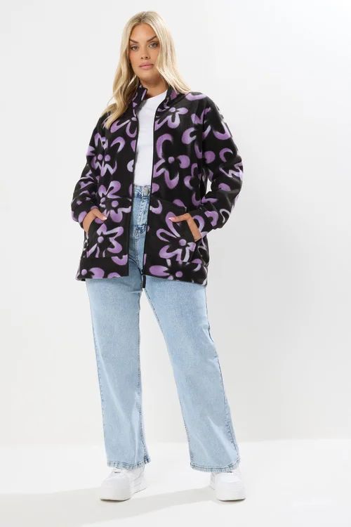 Yours Curve Black Floral Zip Through Fleece Jacket - 26-28 Image 2
