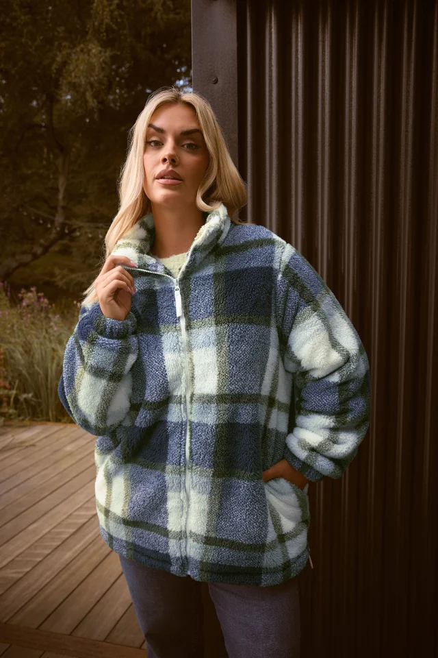Yours Curve Blue Check Fleece Jacket