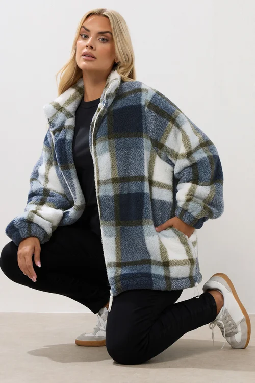 Yours Curve Blue Check Fleece Jacket - 26-28 Image 2