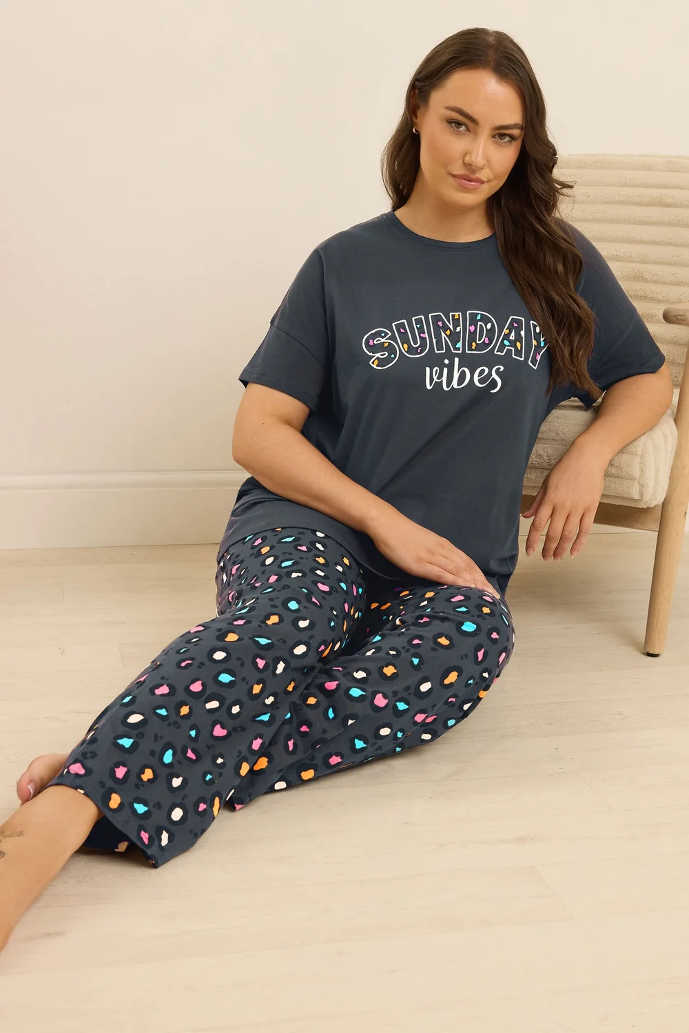Yours Curve Blue 'Sunday Vibes' Slogan Print Wide Leg Pyjama Set - Size 38-40 Image 1