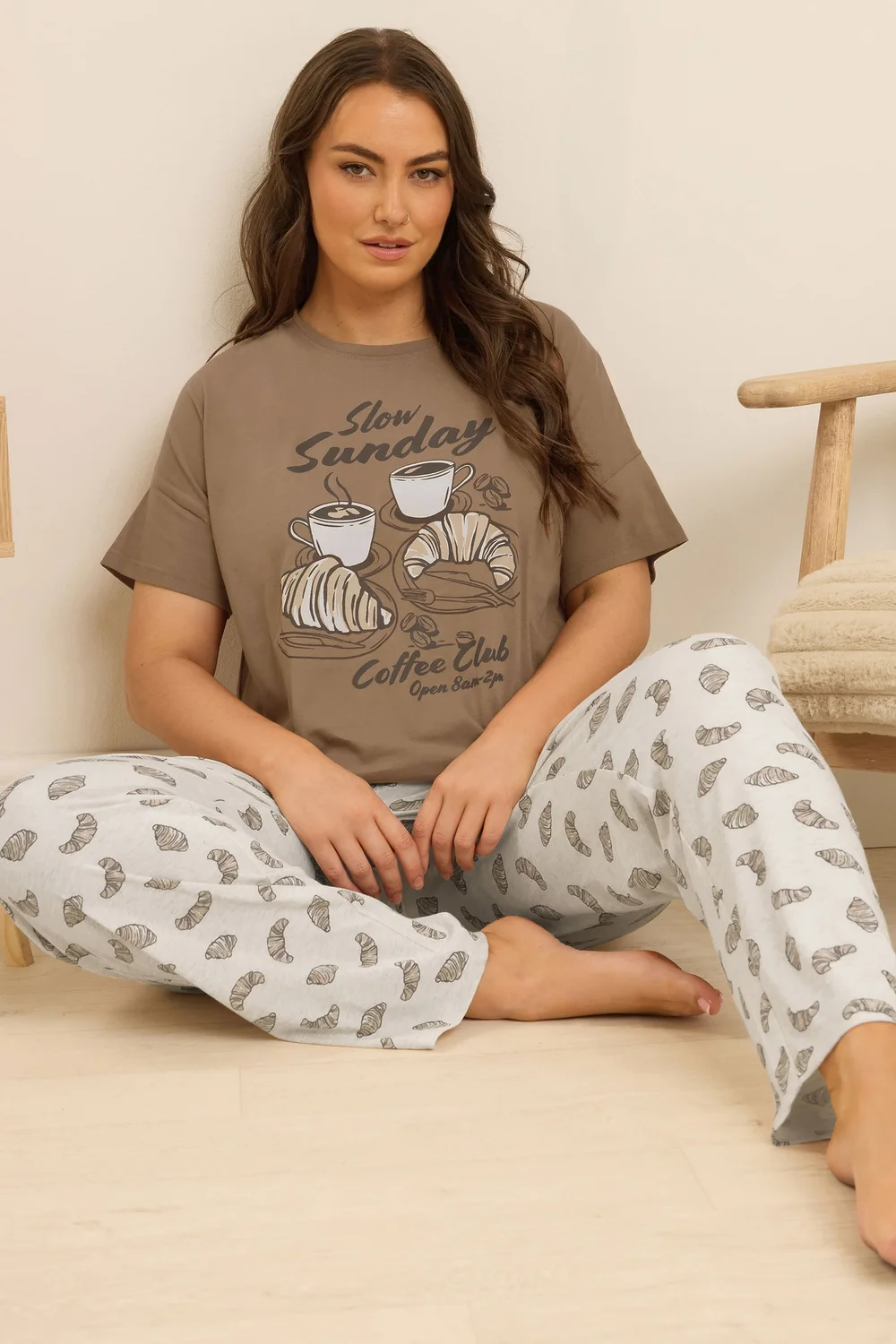 Yours Curve Brown 'Coffee Club' Wide Leg Pyjama Set - Size 22-24 Image 1
