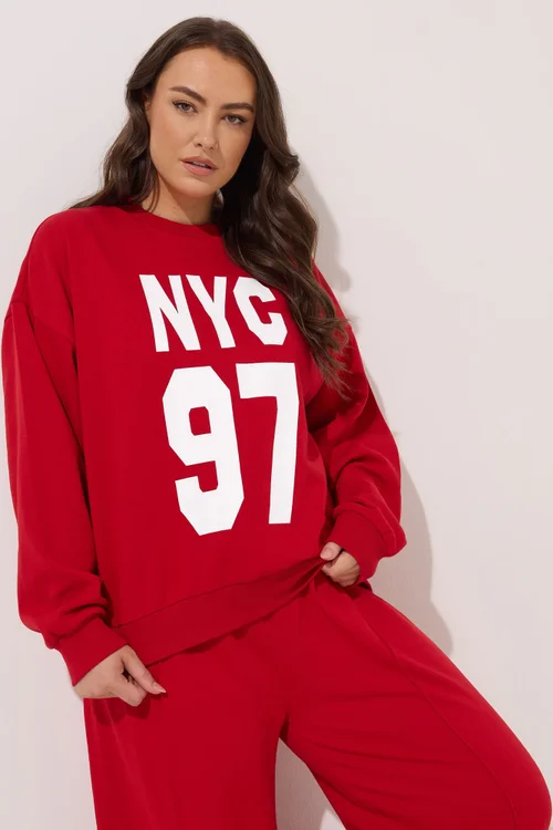 Yours Curve Red 'NYC 97' Slogan Sweatshirt - 18 Image 1
