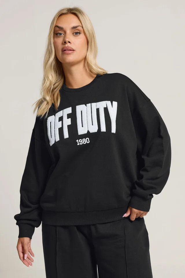 Yours Curve Black 'Off Duty' Slogan Sweatshirt