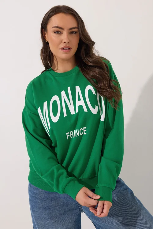Yours Curve Green 'Monaco' Slogan Sweatshirt - 16 Image 2